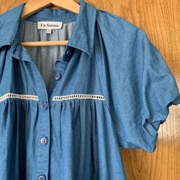 En Saison Tara Tiered Cotton Trapeze Shirtdress In Chambray Blue Size XS - Picture 6 of 12